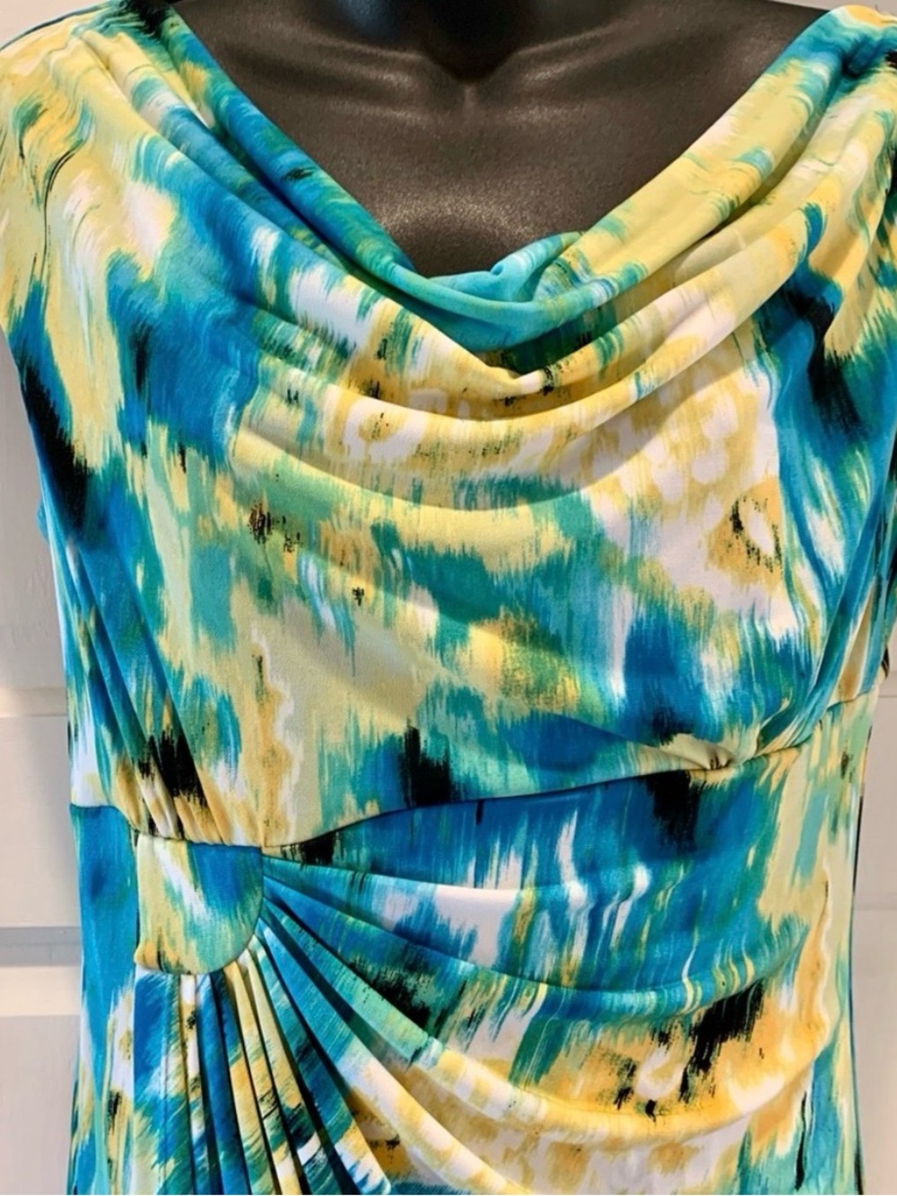 connected apparel Teal Blue Aqua Multi-Print Cowl Sheath Dress - Picture 2 of 5